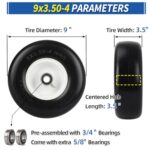GICOOL 9×3.50-4 Flat Free Lawn Mower Tire and Wheel, Smooth Tread Tire for Zero Turn Mowers, Installed 3/4″ Bearing with Extra 5/8″ Bearing, 3.5″-4″-4.5″-5″ Centered Hub, 2 PCS