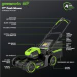 Greenworks 60V 17″ Brushless (Push) Mower + 60V (610 CFM) Brushless Blower, 4.0Ah Battery and 3A Charger