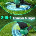 KIMO Cordless Weed Wacker Battery Operated w/ 2 x 2.0Ah Batteries, 2-in-1 String Trimmer & Edger with Charger & Wheels, 10Pcs Cutting Lines, 12″ Dual-Sided Cutting Line, 20V Weed Trimmer for Lawn Yard