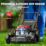 AMERISUN 21″ Gas Lawn Mower, 3-in-1 Gas Push Mowers, 144cc 4-Stroke OHV Engine, 6 Height Adjustments 1.4 Bushel Grass Catcher, Lawnmower with Bagging, Mulching & Side Discharge, Efficient Steel Deck