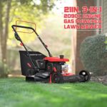 PowerSmart Self Propelled Gas Lawn Mower, 21-Inch 209cc 3-in-1 Walk-Behind Lawn Mowers Gas Powered, Red